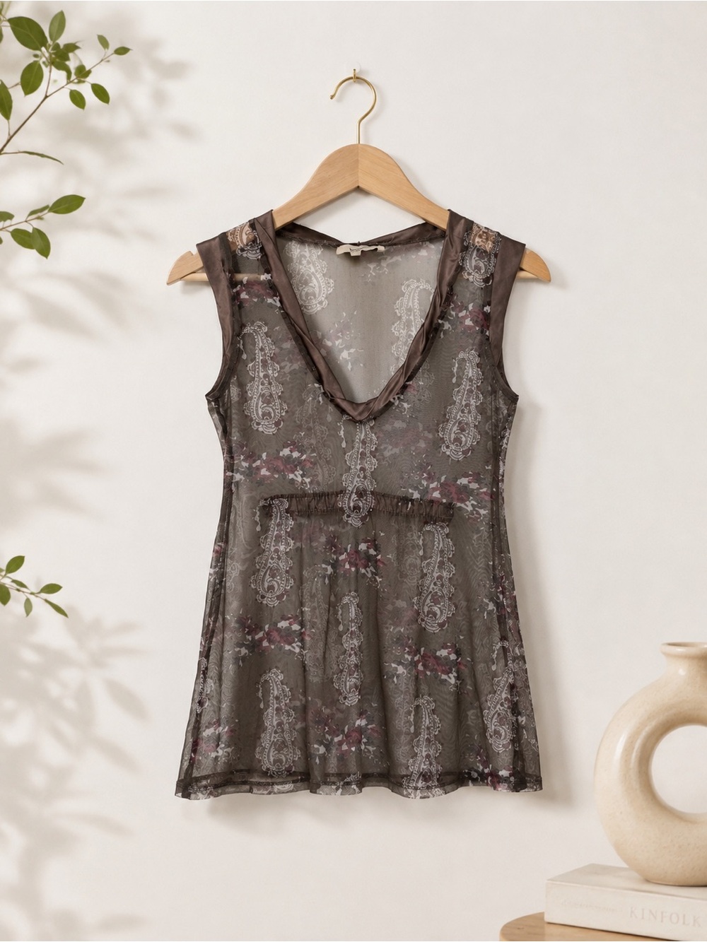 Y2K Sheer Paisley Mesh Tank Top Layering Floral Brown and Pink Satin Trim V Neck